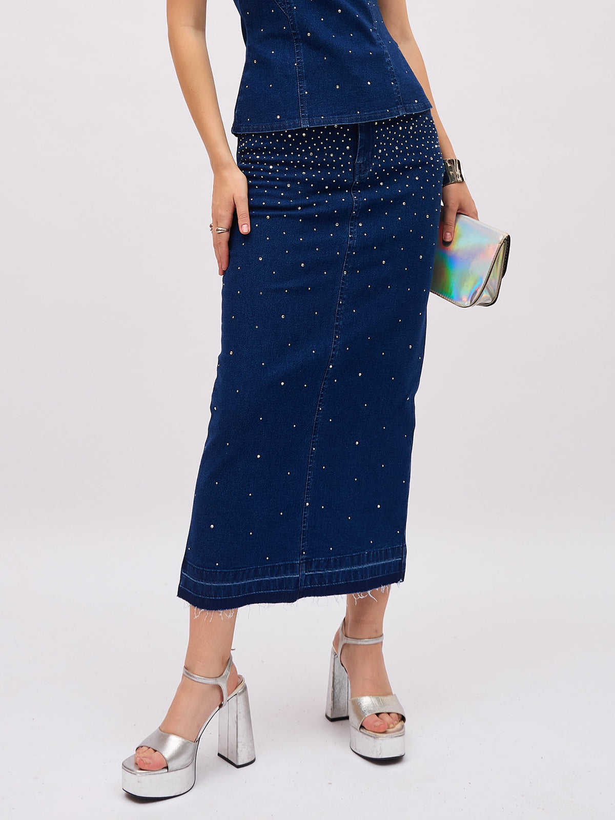Blue Washed Denim Front Stud Midi Skirt-SASSAFRAS