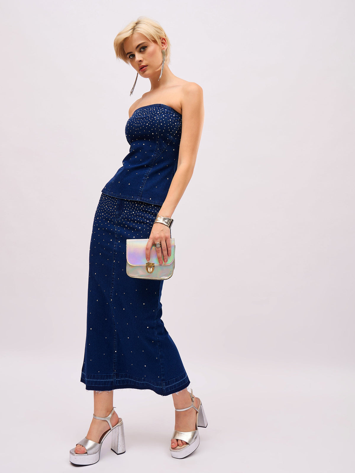 Blue Washed Denim Front Stud Midi Skirt-SASSAFRAS