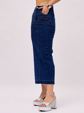 Blue Washed Denim Front Stud Midi Skirt-SASSAFRAS