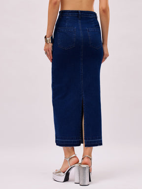 Blue Washed Denim Front Stud Midi Skirt-SASSAFRAS