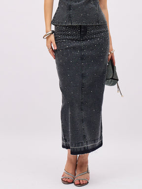 Black Washed Denim Front Stud Midi Skirt-SASSAFRAS