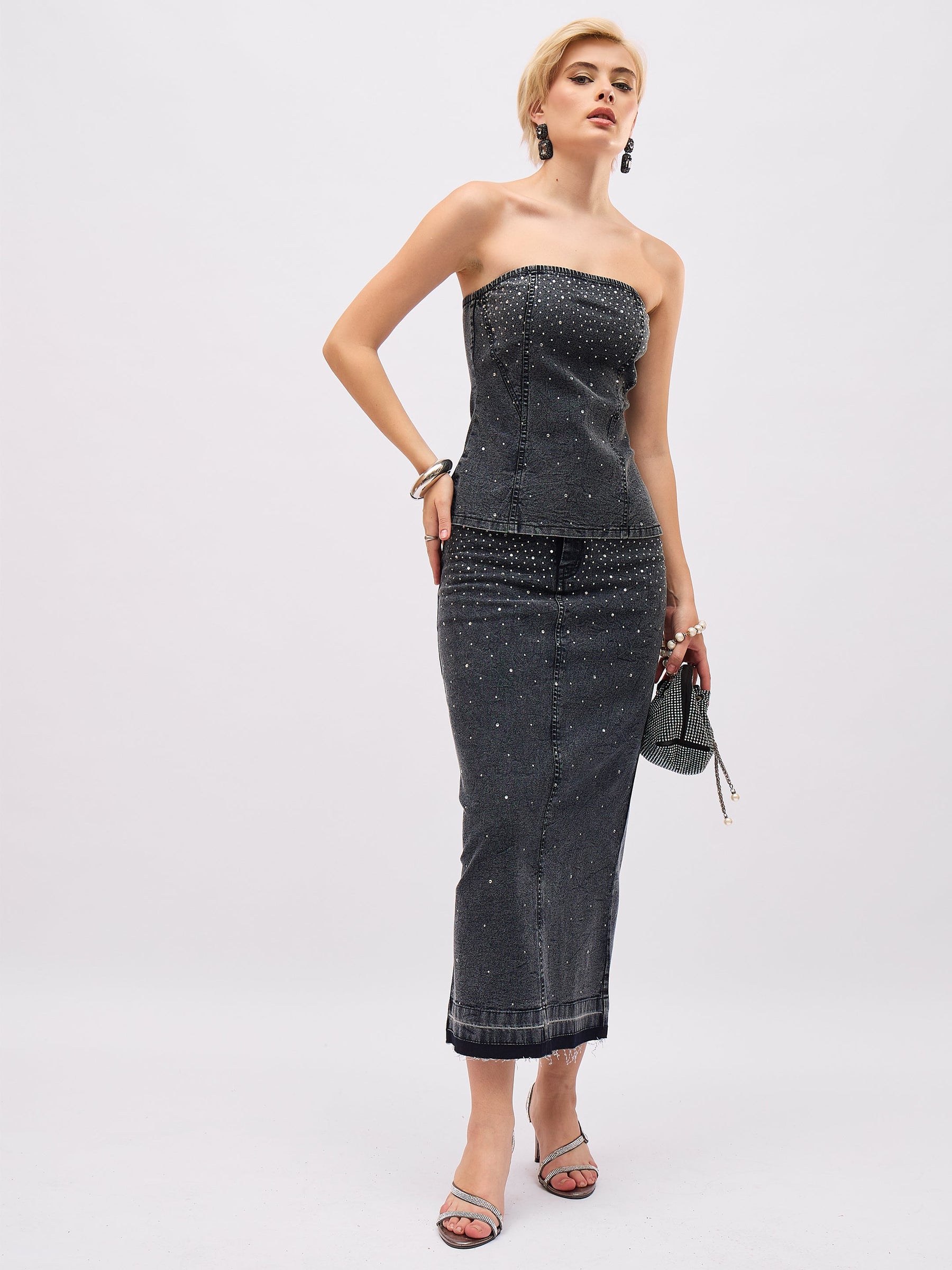 Black Washed Denim Front Stud Midi Skirt-SASSAFRAS
