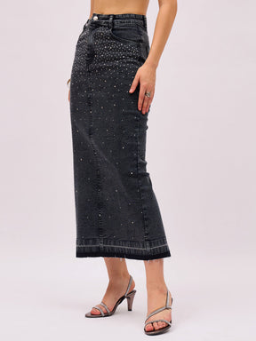 Black Washed Denim Front Stud Midi Skirt-SASSAFRAS