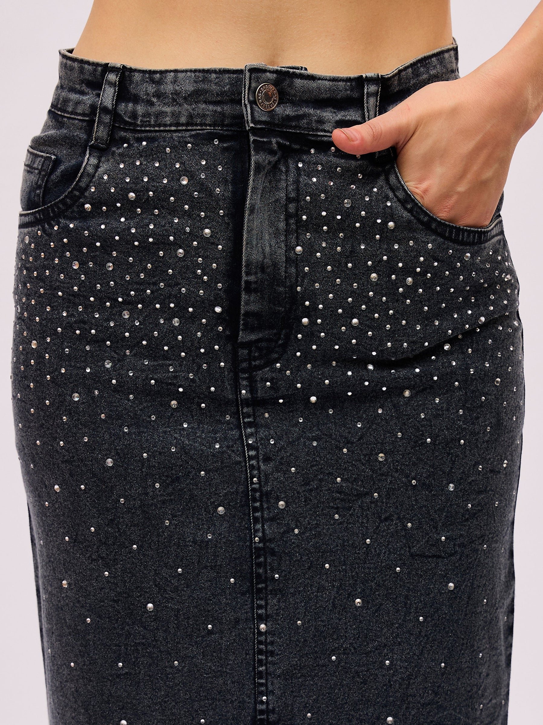 Black Washed Denim Front Stud Midi Skirt-SASSAFRAS