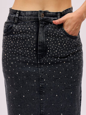 Black Washed Denim Front Stud Midi Skirt-SASSAFRAS