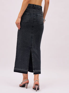 Black Washed Denim Front Stud Midi Skirt-SASSAFRAS