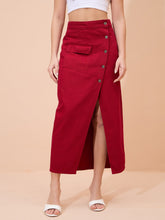 Red Denim Front Button Wrap Skirt-SASSAFRAS