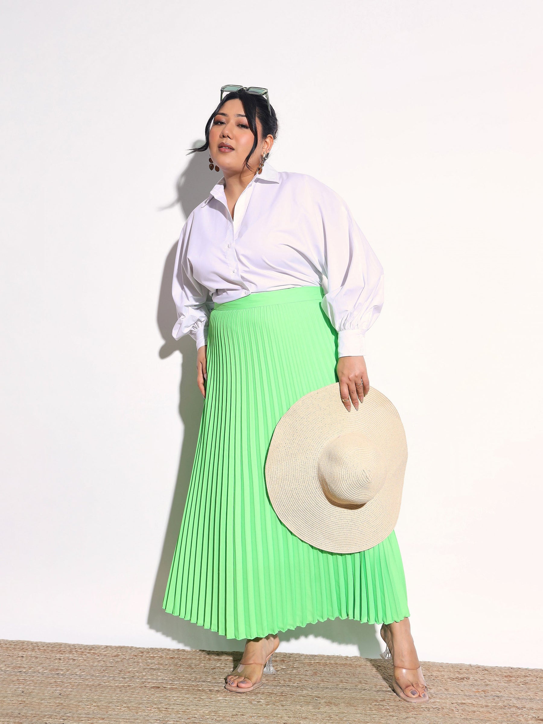 Neon Green Accordion Pleated Skirt -SASSAFRAS Curve