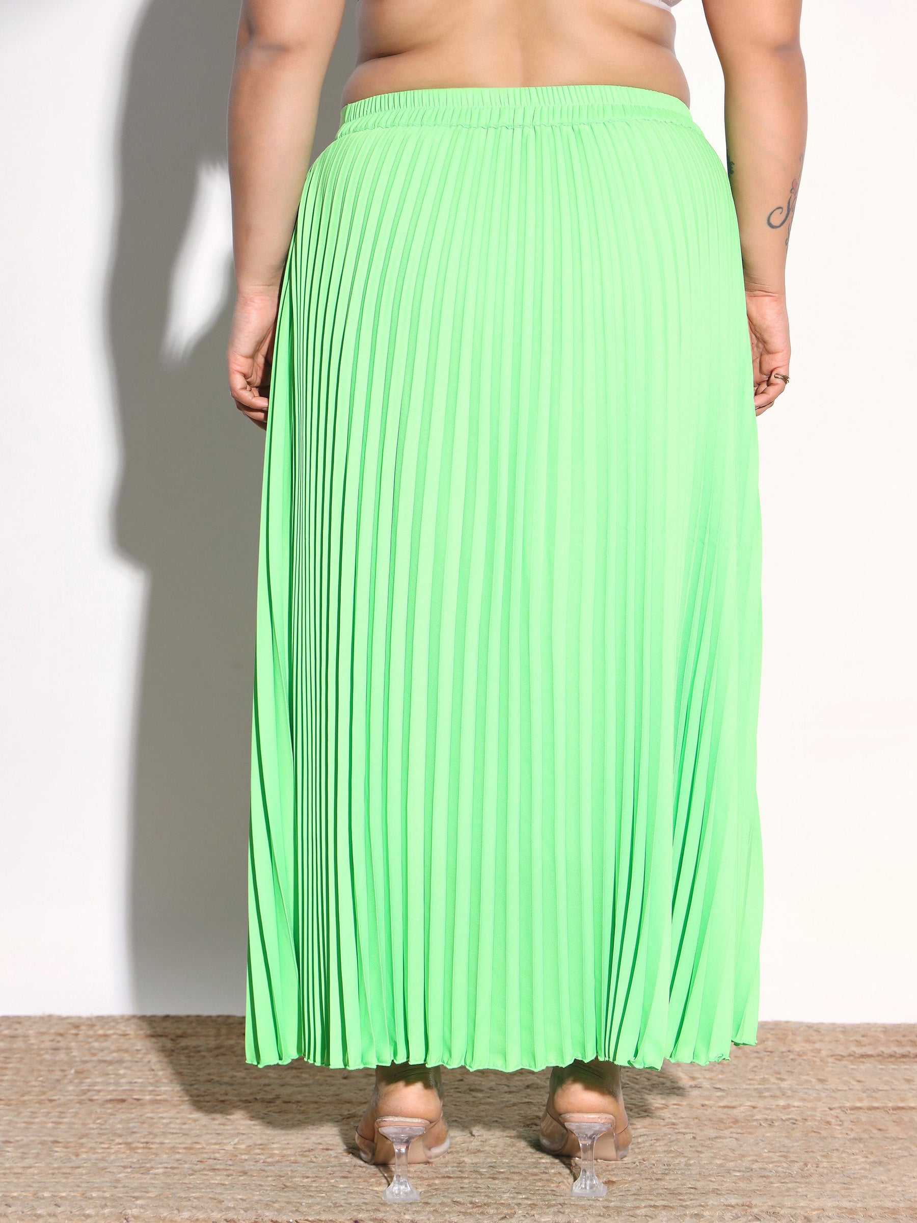 Neon Green Accordion Pleated Skirt -SASSAFRAS Curve
