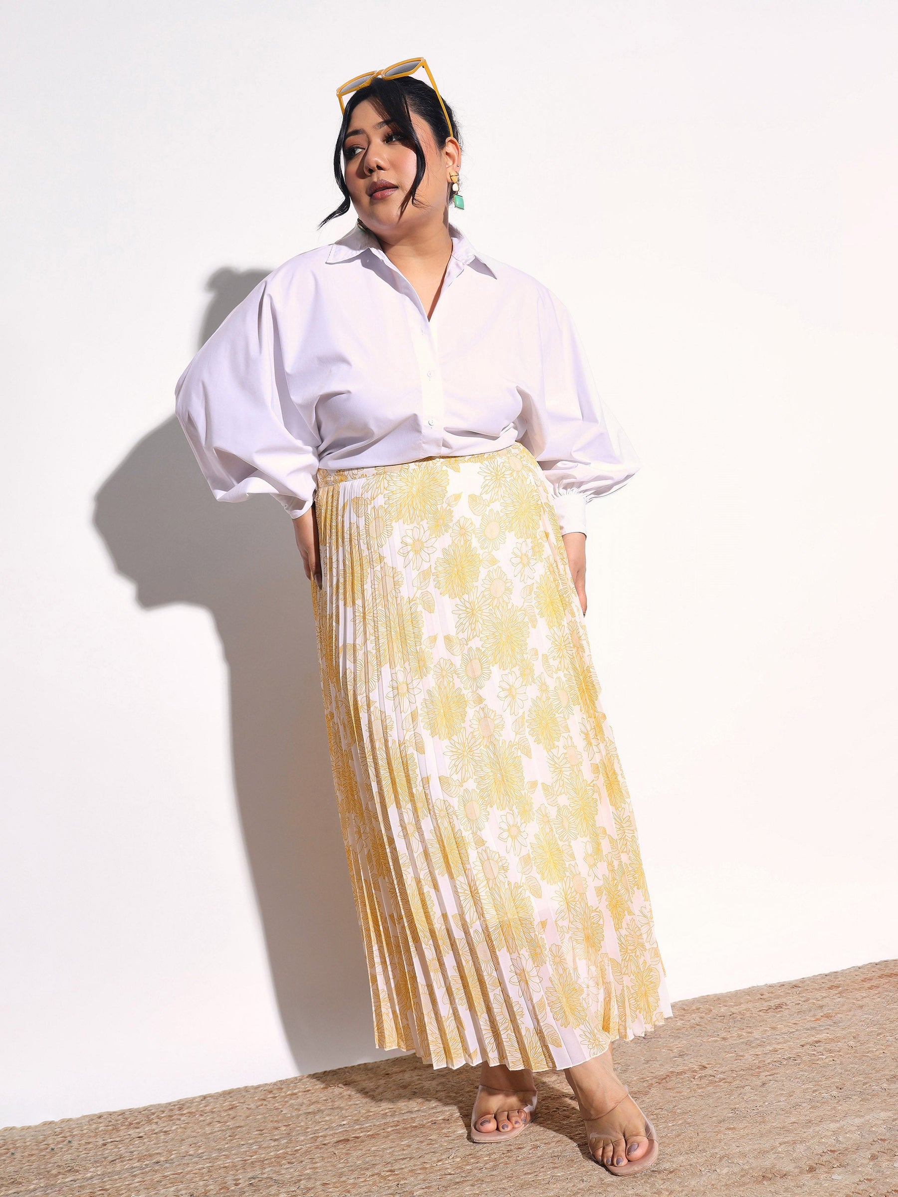 Yellow Floral Accordion Pleated Skirt -SASSAFRAS Curve
