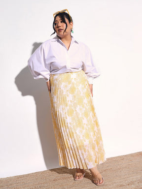 Yellow Floral Accordion Pleated Skirt -SASSAFRAS Curve