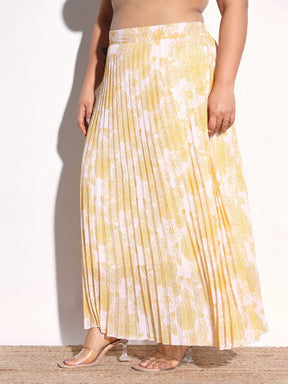 Yellow Floral Accordion Pleated Skirt -SASSAFRAS Curve