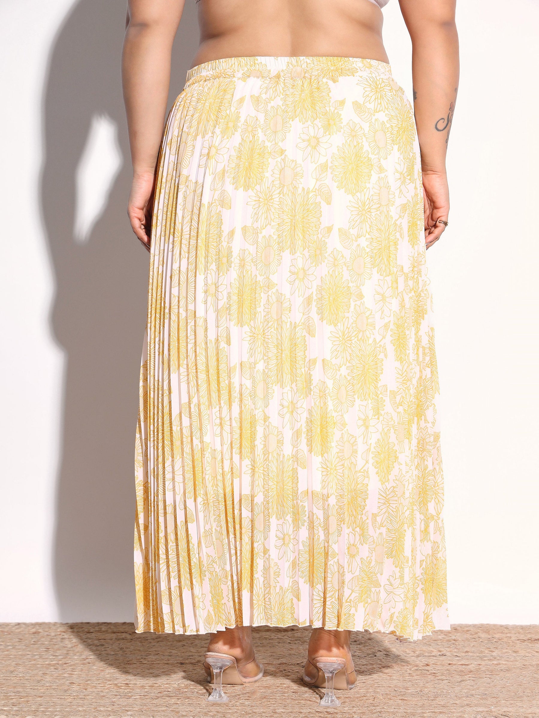 Yellow Floral Accordion Pleated Skirt -SASSAFRAS Curve