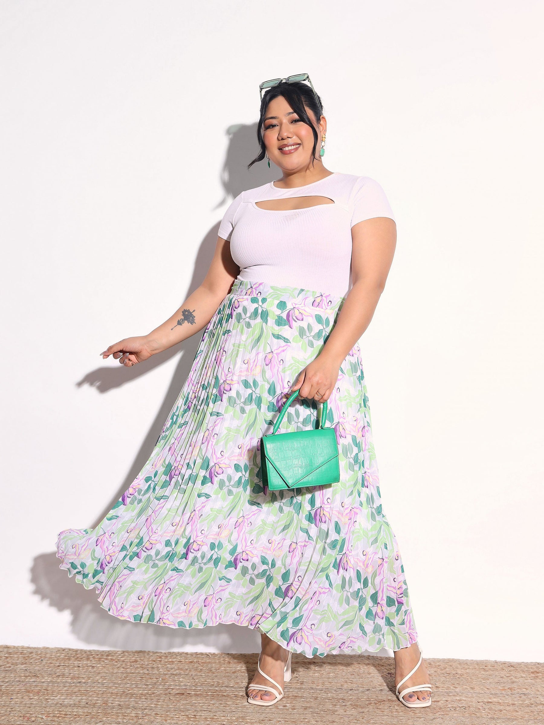 White & Green Floral Accordion Pleated Skirt -SASSAFRAS Curve