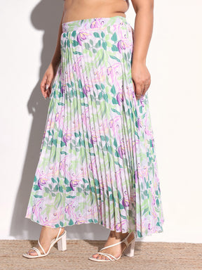 White & Green Floral Accordion Pleated Skirt -SASSAFRAS Curve