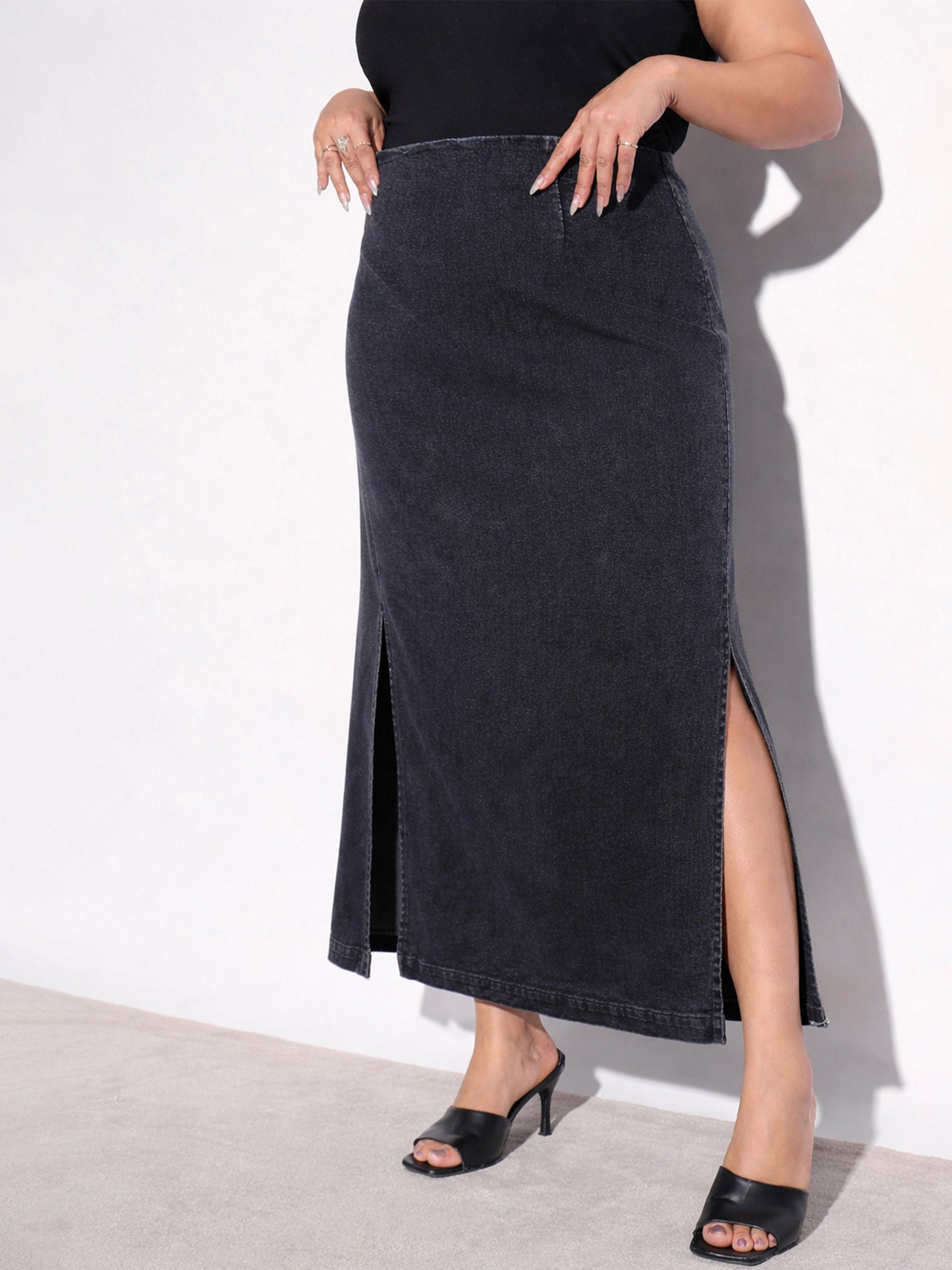 Black Washed Denim Side Slit Midi Skirt -SASSAFRAS Curve