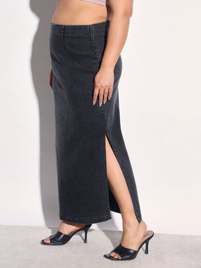 Black Washed Denim Side Slit Midi Skirt -SASSAFRAS Curve
