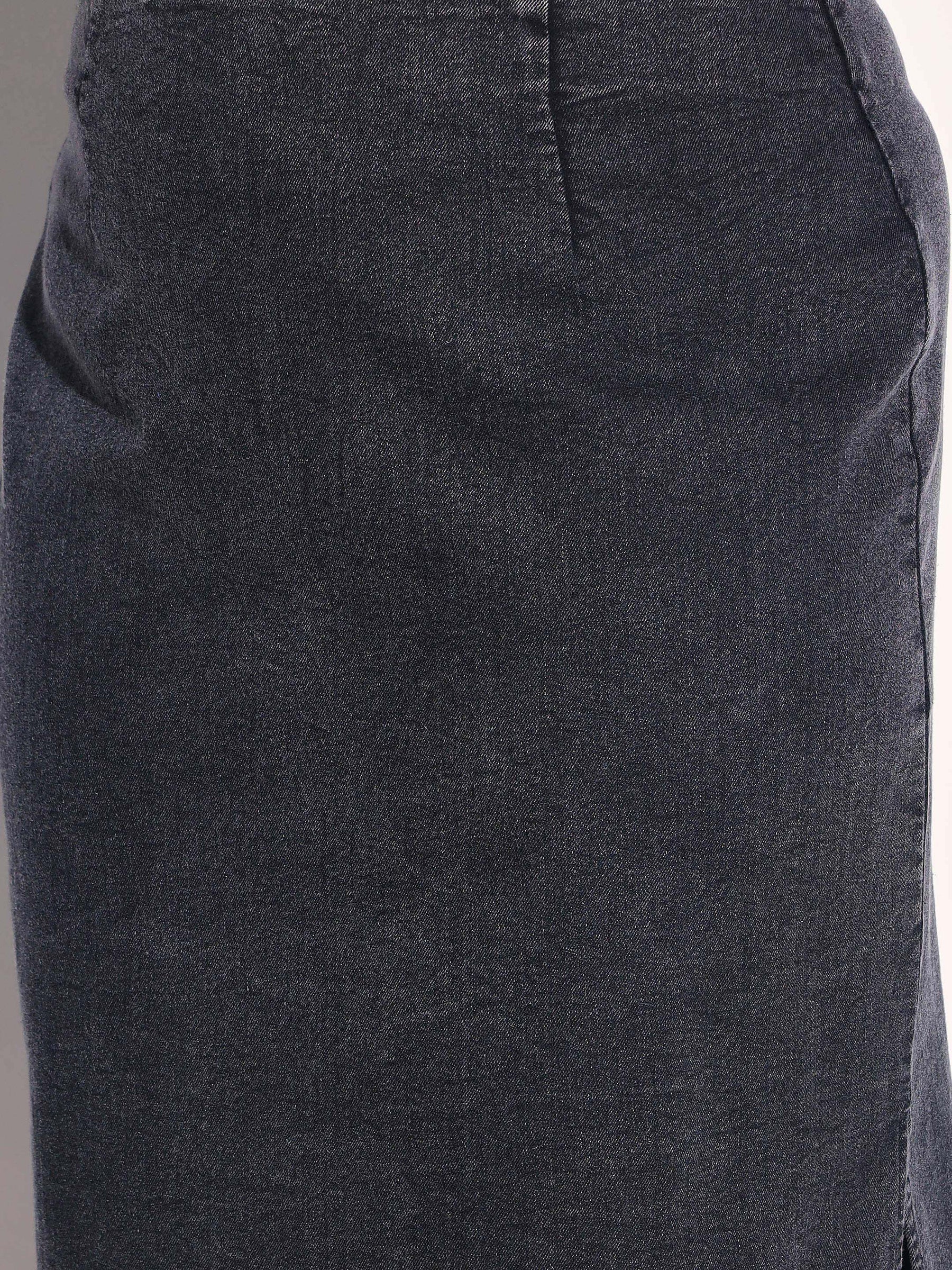 Black Washed Denim Side Slit Midi Skirt -SASSAFRAS Curve