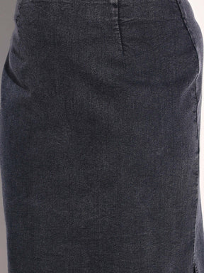 Black Washed Denim Side Slit Midi Skirt -SASSAFRAS Curve