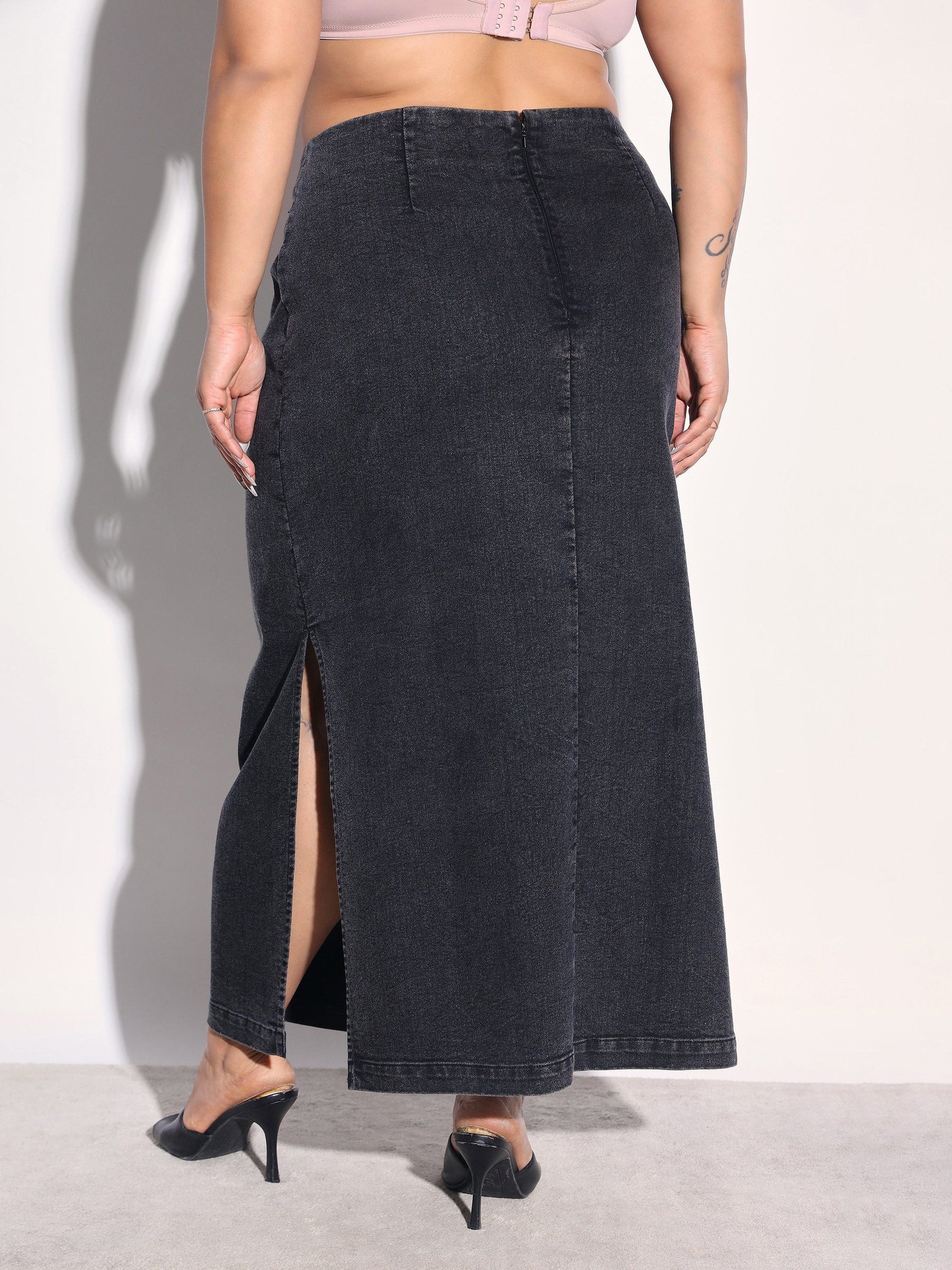 Black Washed Denim Side Slit Midi Skirt -SASSAFRAS Curve