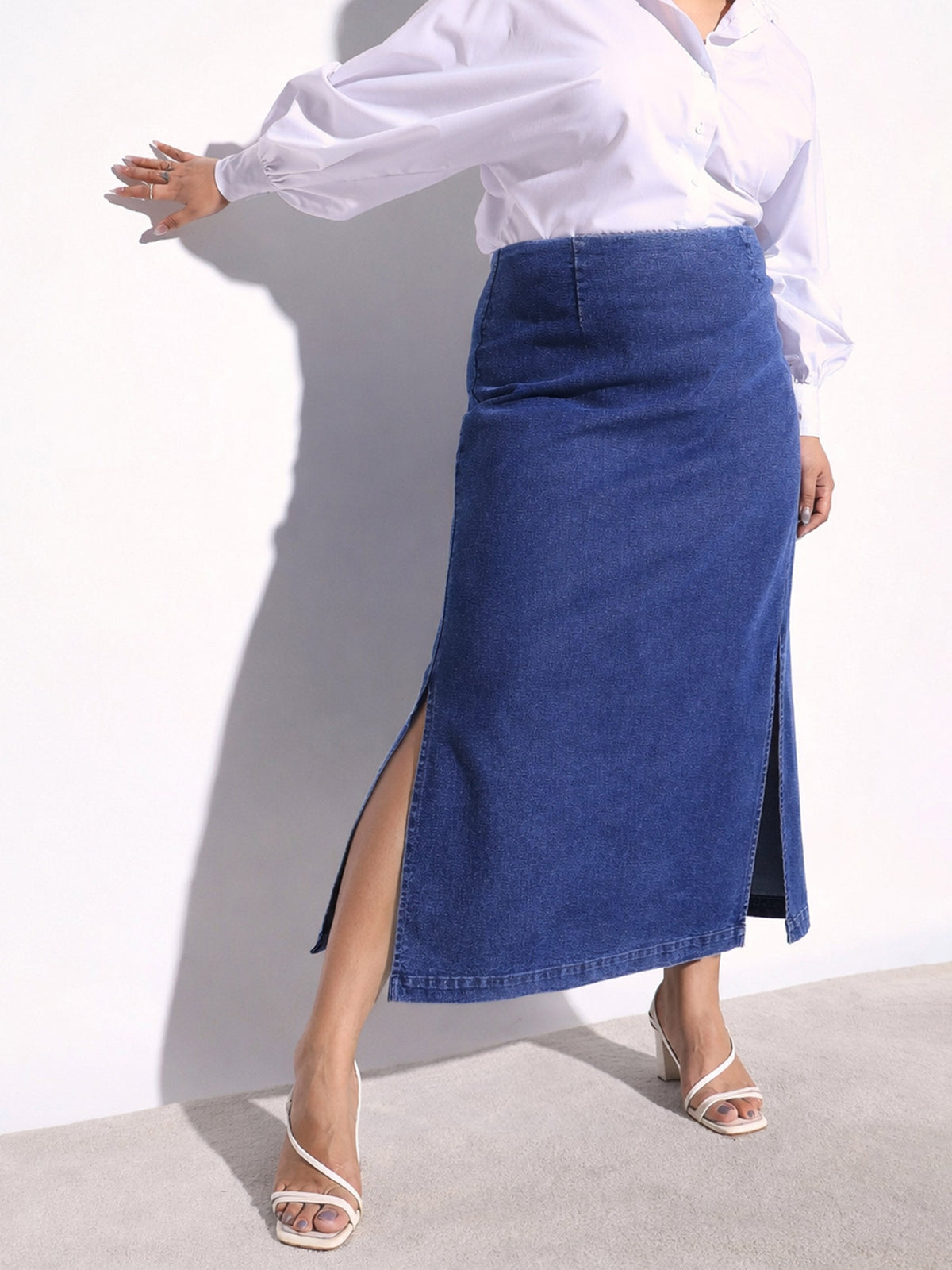 Navy Denim Side Slit Midi Skirt -SASSAFRAS Curve