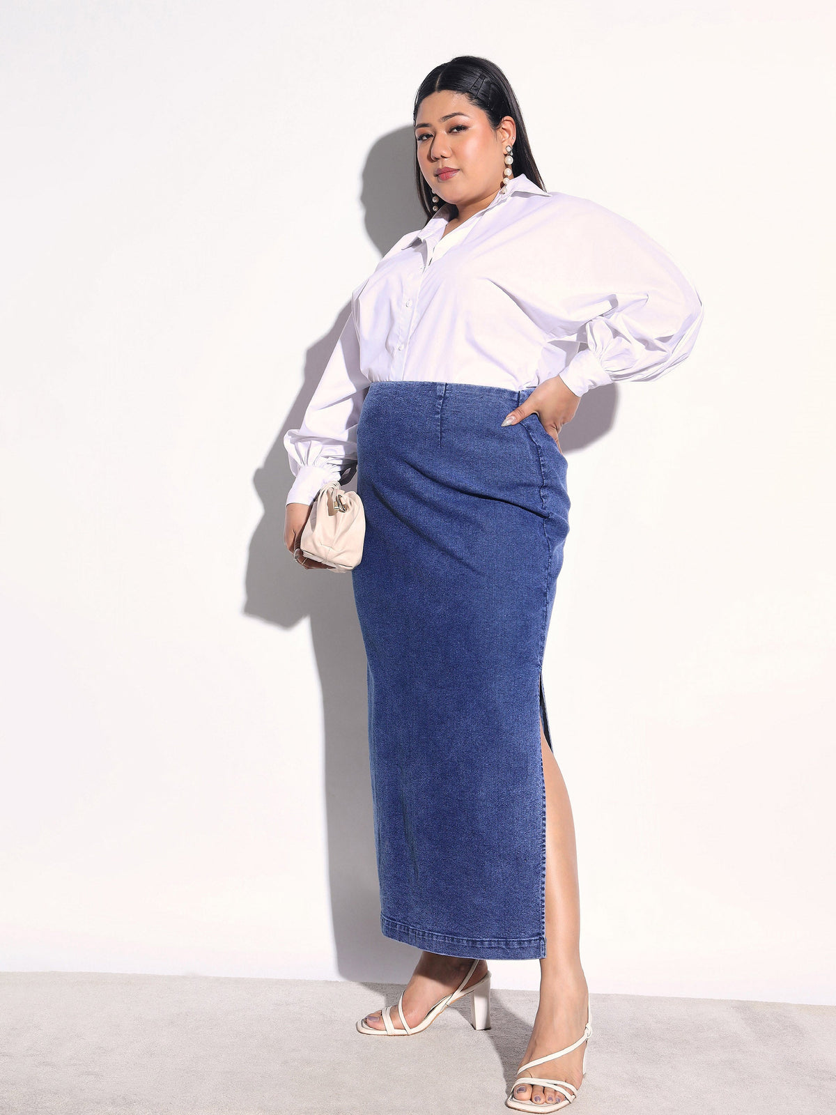 Navy Denim Side Slit Midi Skirt -SASSAFRAS Curve
