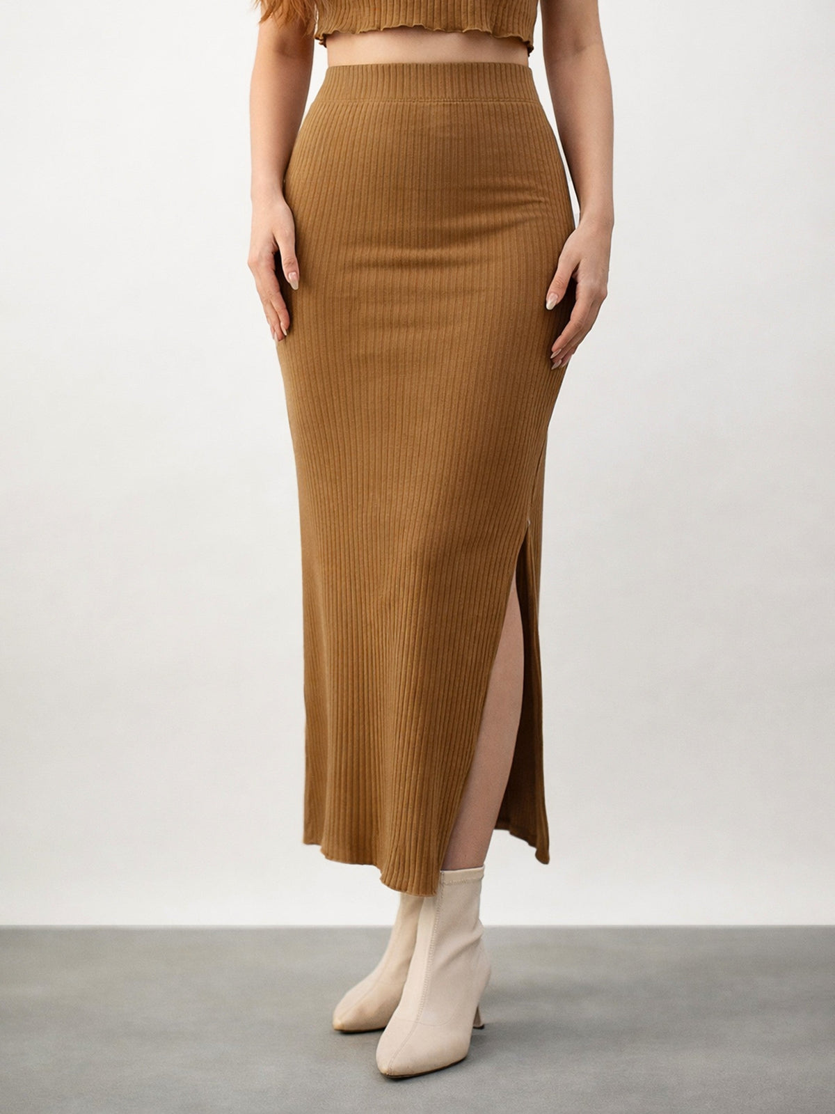Tan Side Slit Rib Pencil Skirt-SASSAFRAS BASICS