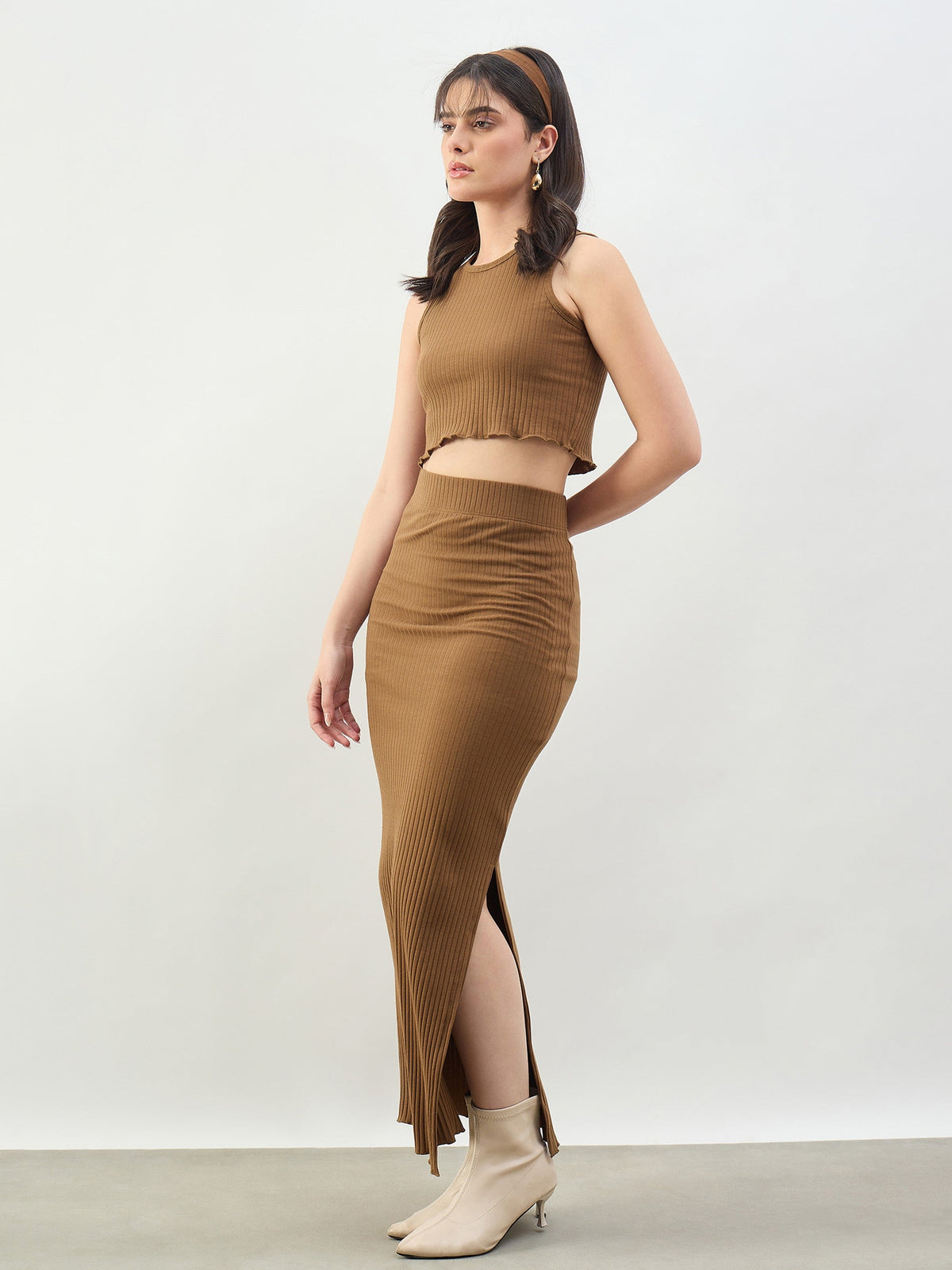 Tan Side Slit Rib Pencil Skirt-SASSAFRAS BASICS