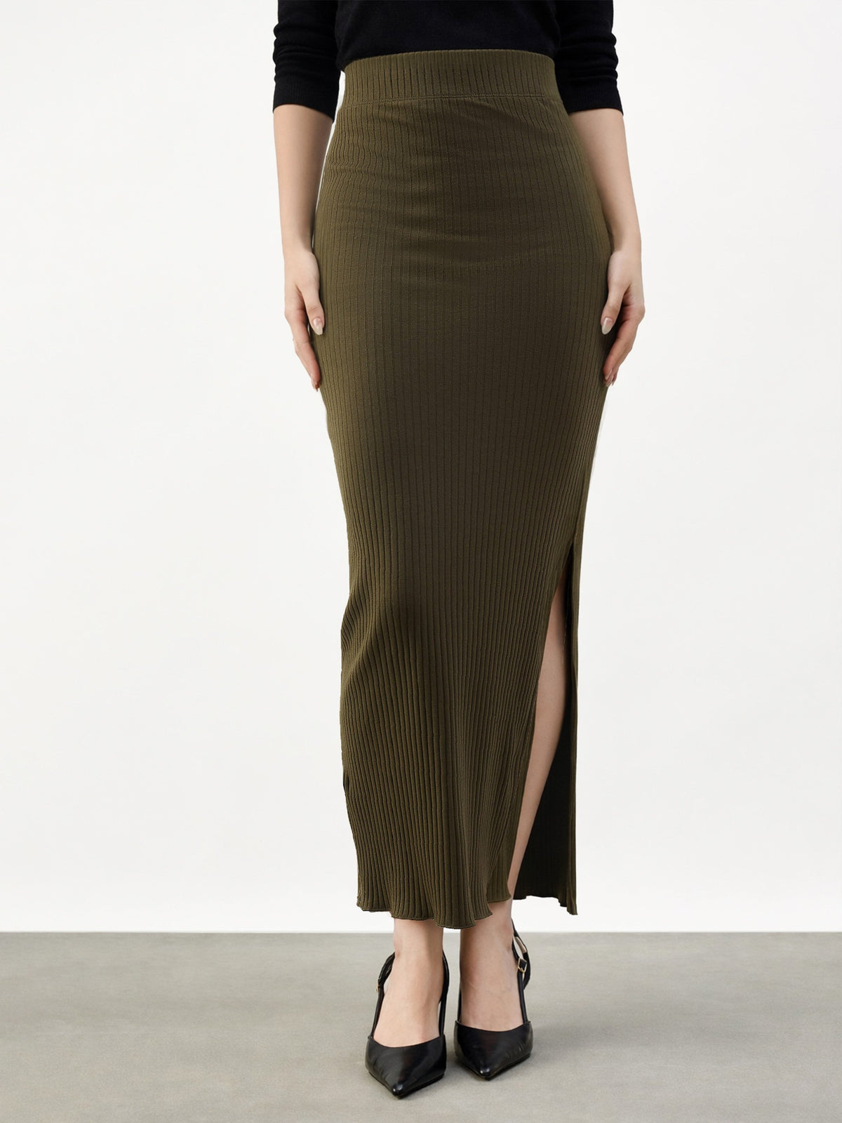 Olive Side Slit Rib Pencil Skirt-SASSAFRAS BASICS