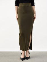 Olive Side Slit Rib Pencil Skirt-SASSAFRAS BASICS