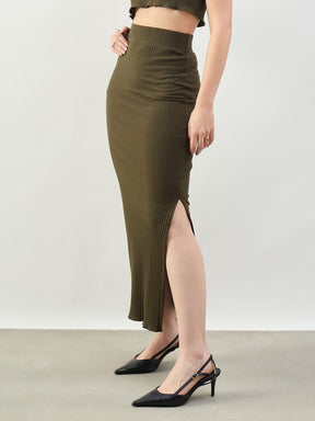 Olive Side Slit Rib Pencil Skirt-SASSAFRAS BASICS