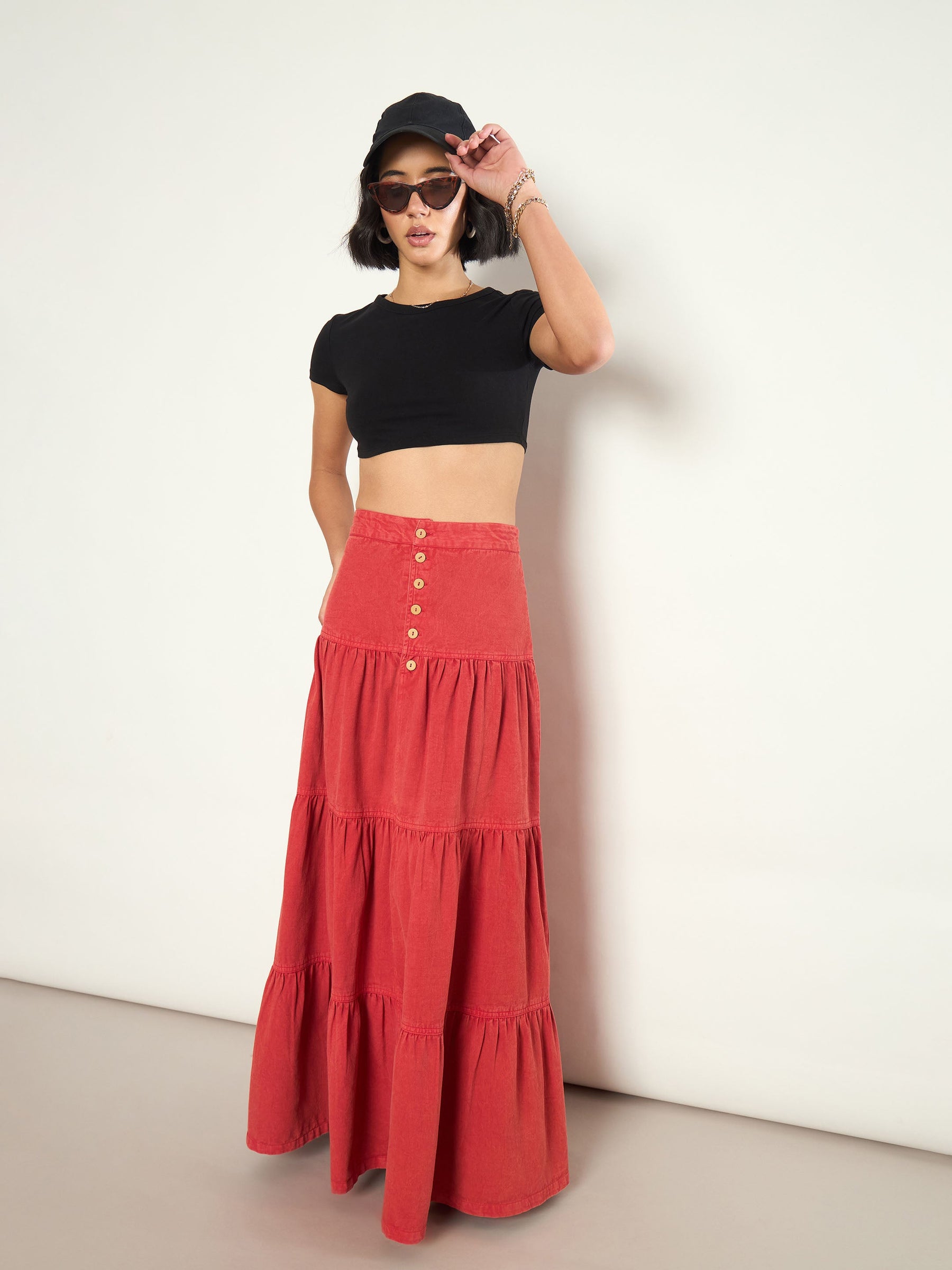 Red Overdyed Twill Tiered Maxi Skirt-SASSAFRAS