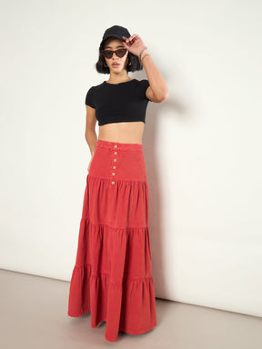 Red Overdyed Twill Tiered Maxi Skirt-SASSAFRAS