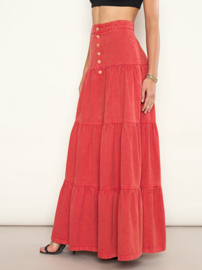Red Overdyed Twill Tiered Maxi Skirt-SASSAFRAS