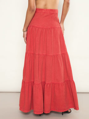 Red Overdyed Twill Tiered Maxi Skirt-SASSAFRAS