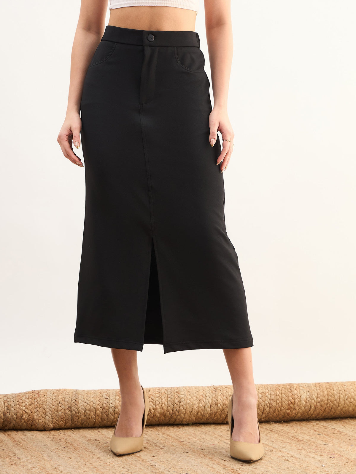 Black Front Slit Midi A Line Skirt-SASSAFRAS worklyf