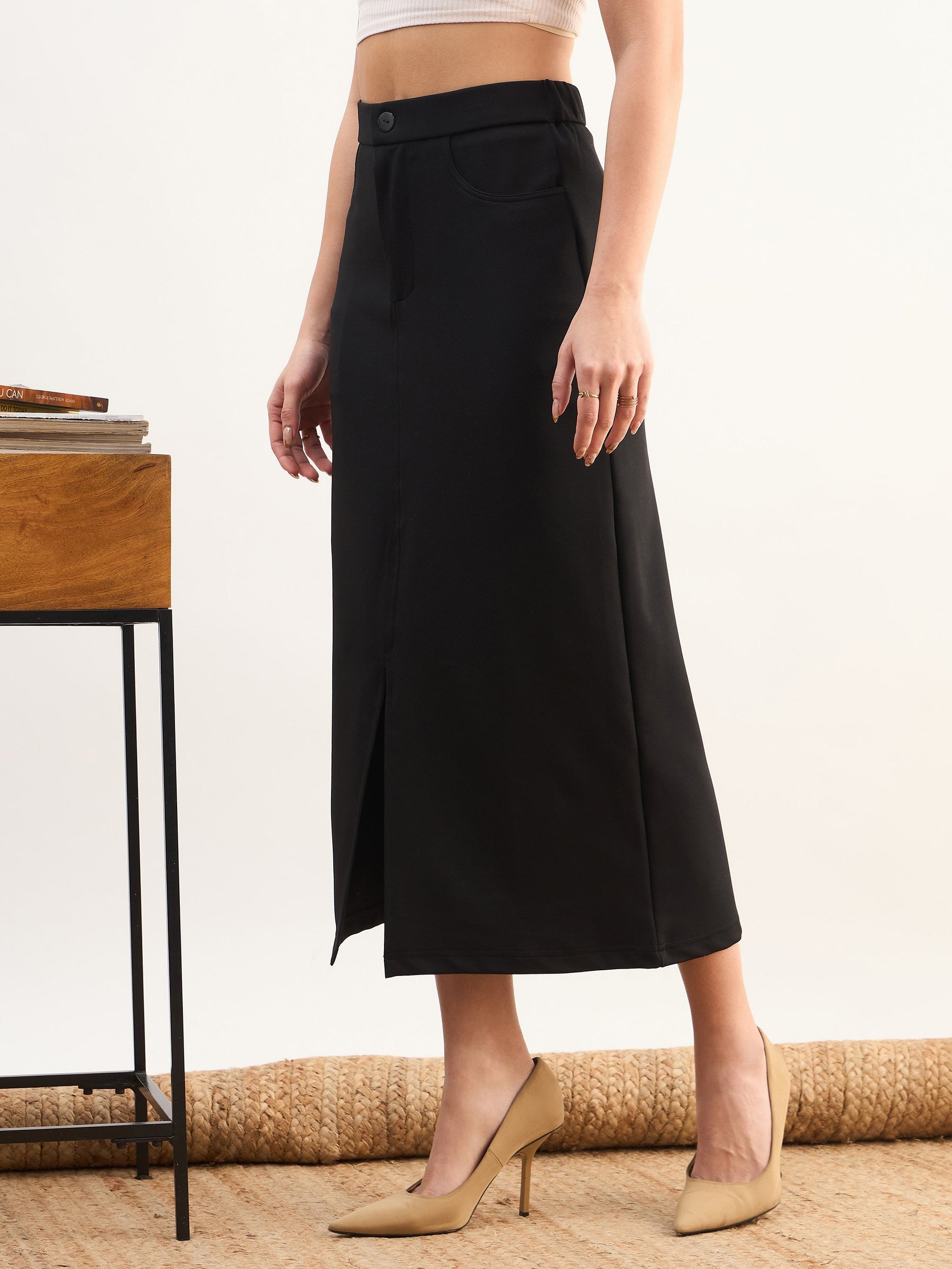 Black Front Slit Midi A Line Skirt-SASSAFRAS worklyf