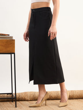 Black Front Slit Midi A Line Skirt-SASSAFRAS worklyf