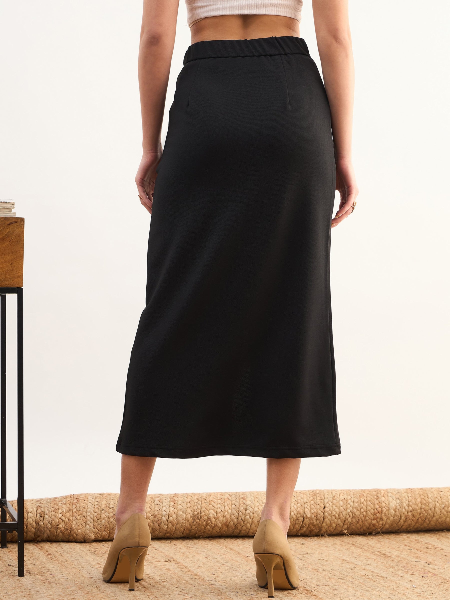 Black Front Slit Midi A Line Skirt-SASSAFRAS worklyf