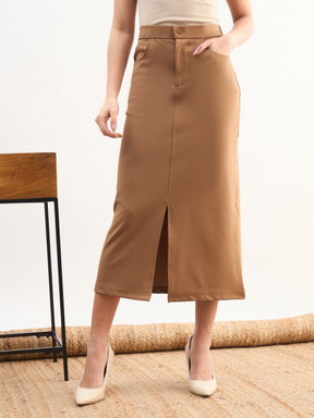 Tan Brown Front Slit Midi A Line Skirt-SASSAFRAS worklyf