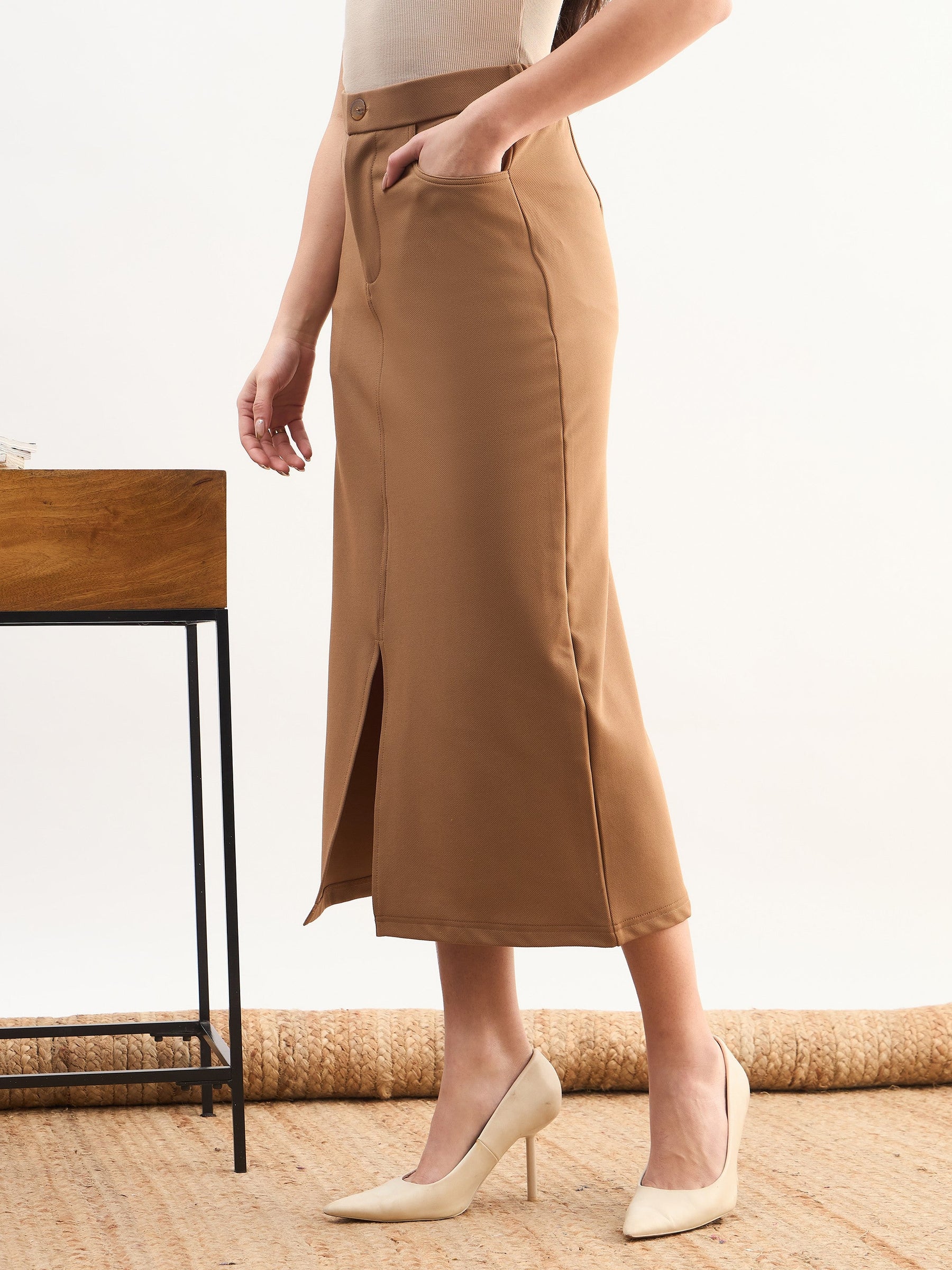 Tan Brown Front Slit Midi A Line Skirt-SASSAFRAS worklyf