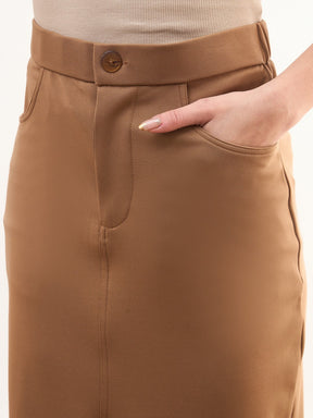 Tan Brown Front Slit Midi A Line Skirt-SASSAFRAS worklyf