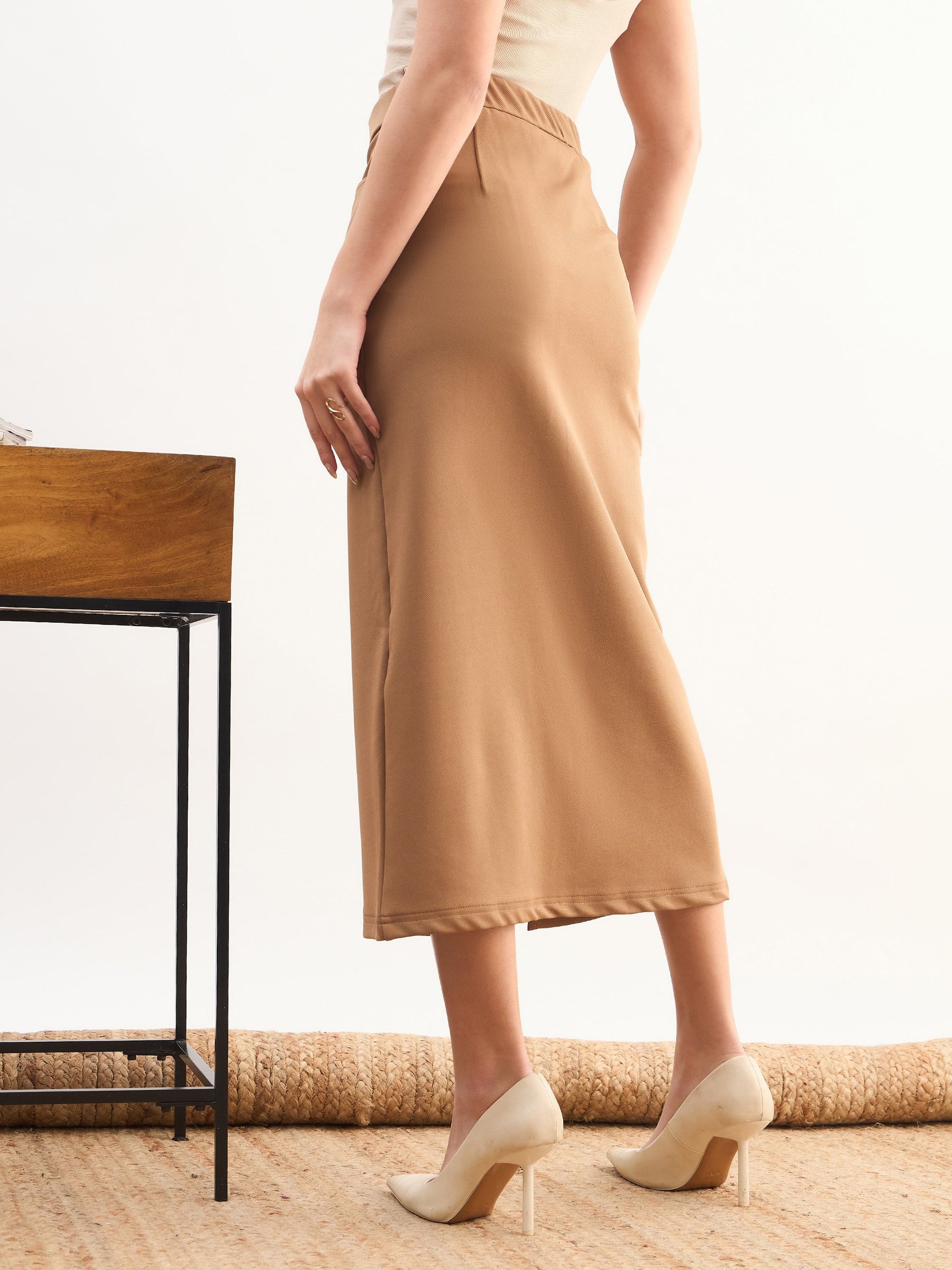 Tan Brown Front Slit Midi A Line Skirt-SASSAFRAS worklyf
