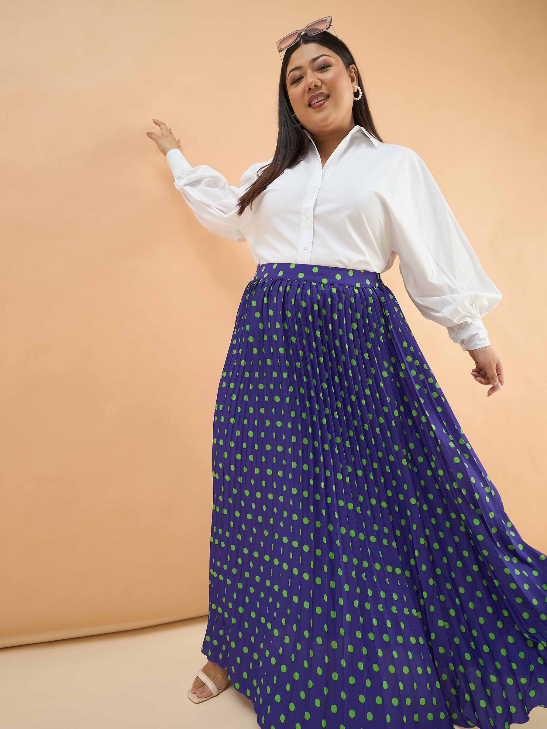 Purple Polka Dot Accordion Pleated Maxi Skirt -SASSAFRAS Curve