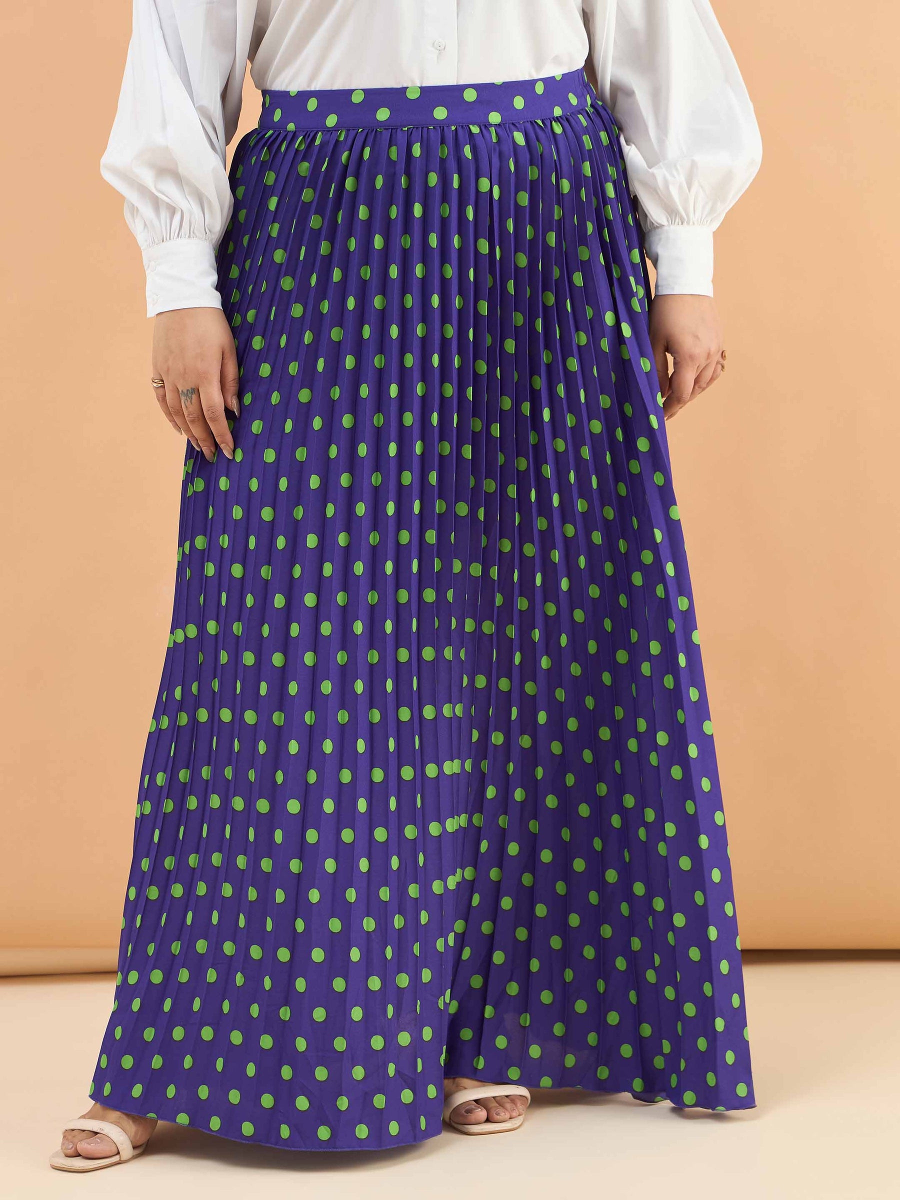 Purple Polka Dot Accordion Pleated Maxi Skirt -SASSAFRAS Curve
