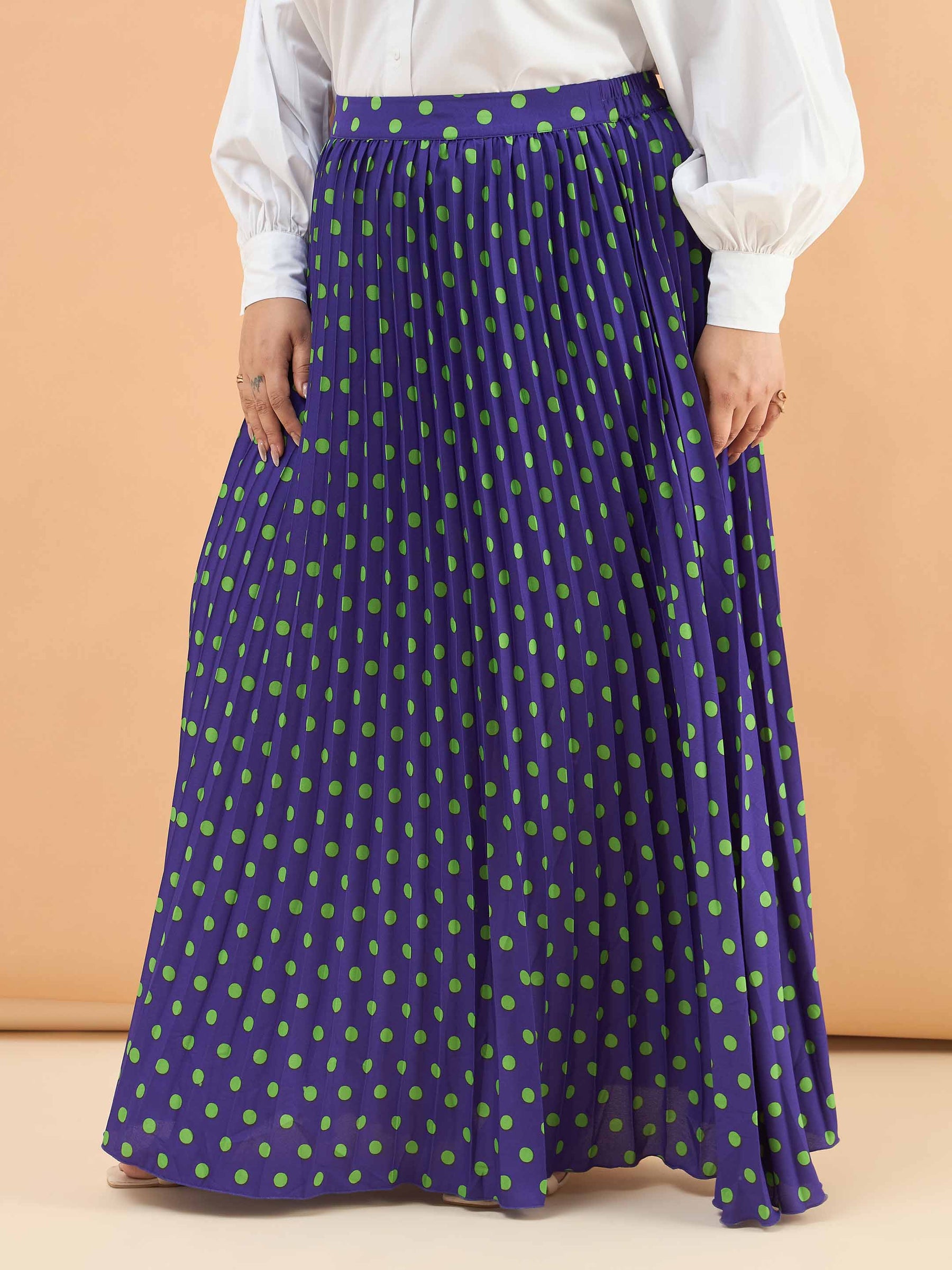 Purple Polka Dot Accordion Pleated Maxi Skirt -SASSAFRAS Curve