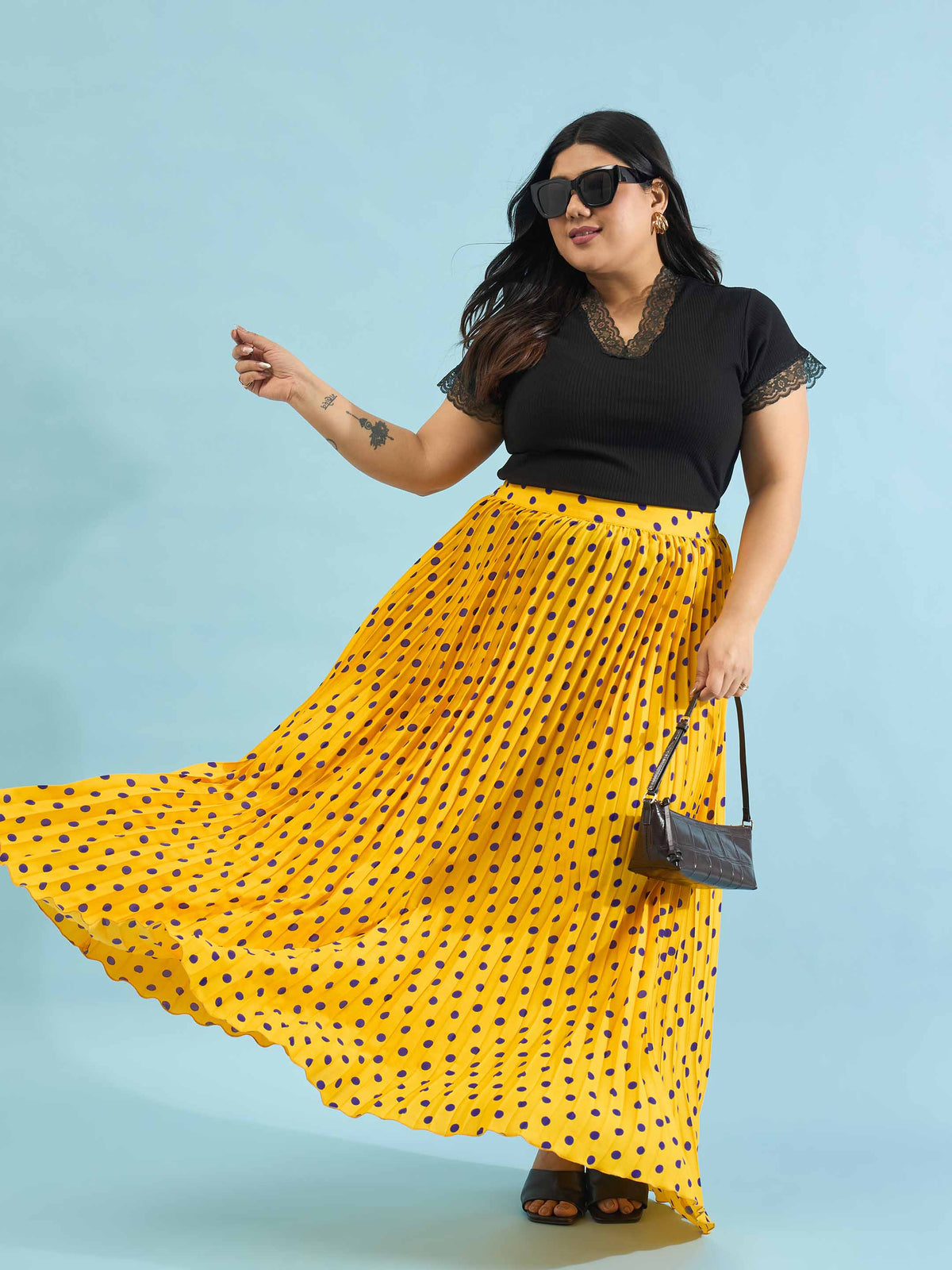 Yellow Polka Dot Accordion Pleated Maxi Skirt -SASSAFRAS Curve