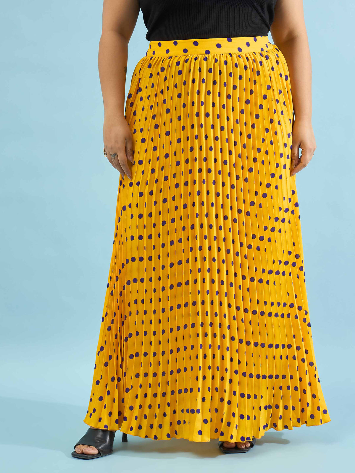 Yellow Polka Dot Accordion Pleated Maxi Skirt -SASSAFRAS Curve