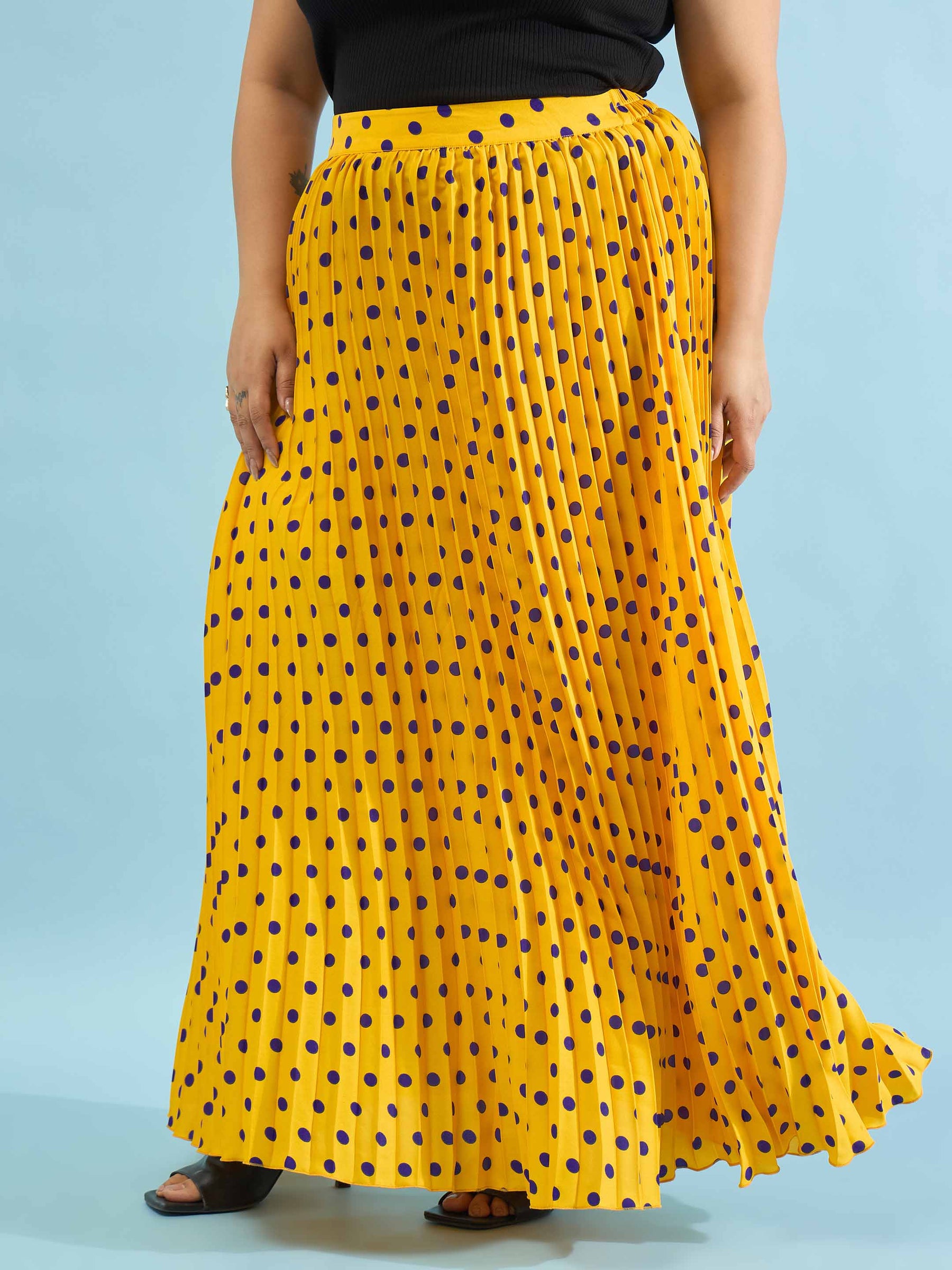Yellow Polka Dot Accordion Pleated Maxi Skirt -SASSAFRAS Curve