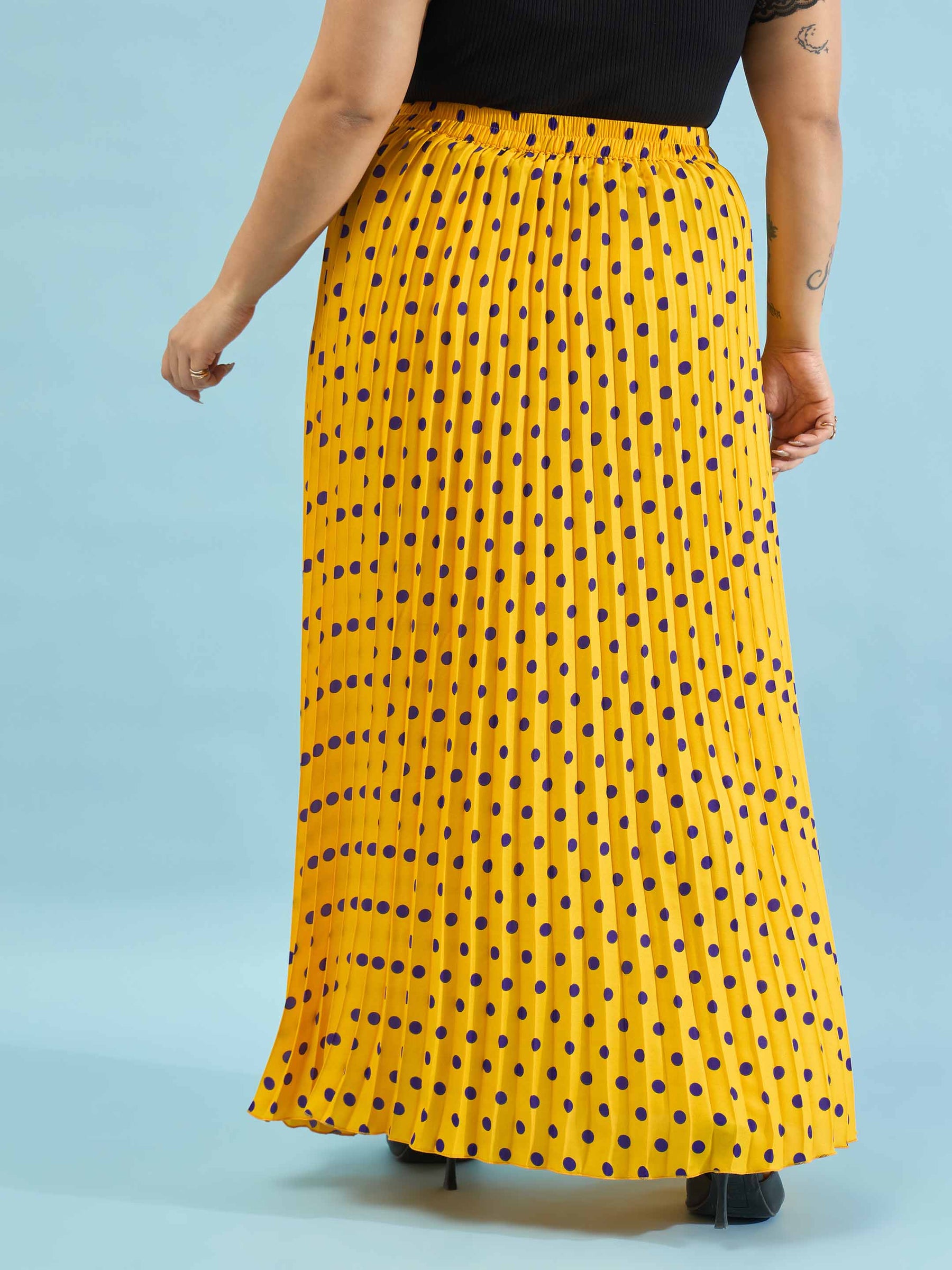 Yellow Polka Dot Accordion Pleated Maxi Skirt -SASSAFRAS Curve